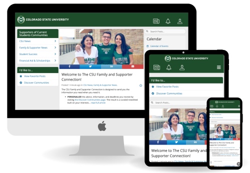 The CSU Family Connection website home page on desktop, tablet, and mobile